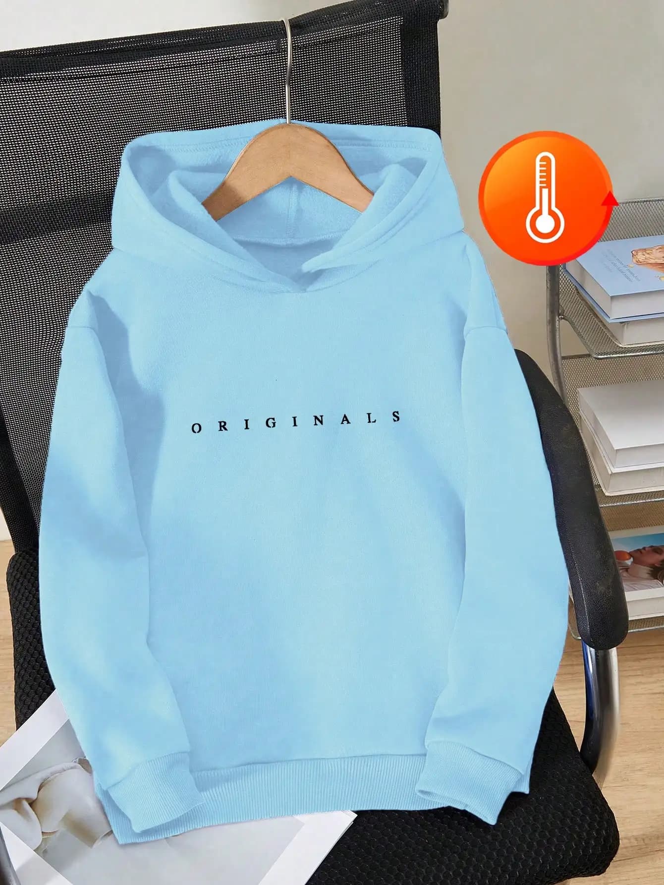 Felpa con Cappuccio Unisex Azzurra Casual con Stampa Minimalista, Foderata Termicamente per Autunno Inverno