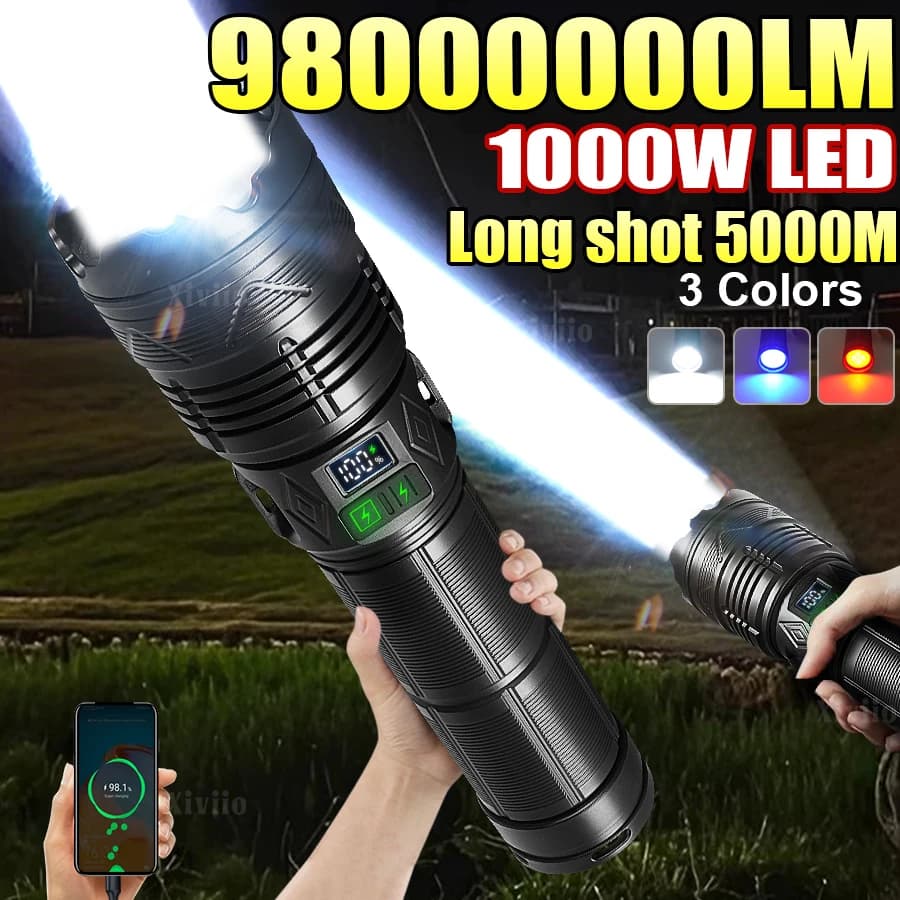 Torcia LED Ultra Potente da 1000W, 98.000.000LM, Ricaricabile, con Luce Laterale COB, Zoom, per Campeggio e Pesca