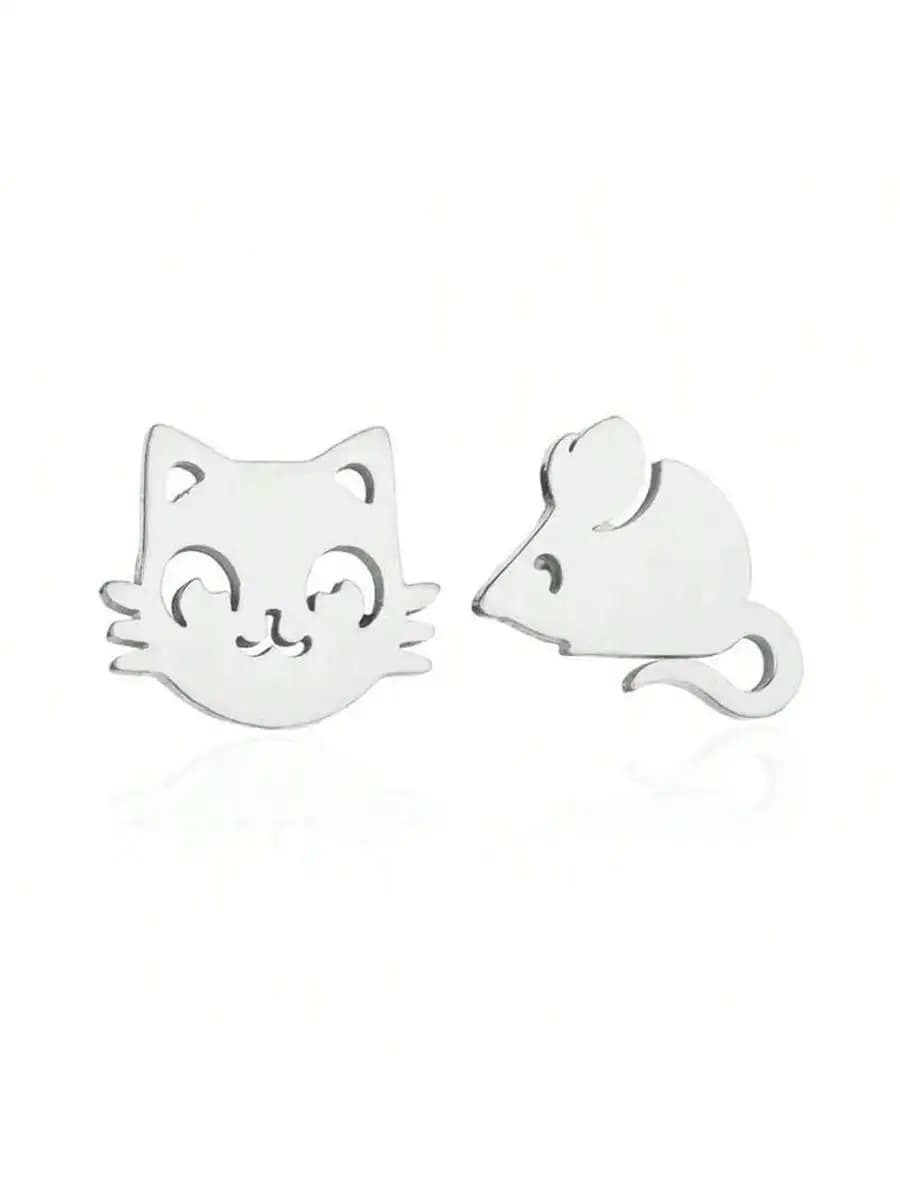 Stainless Steel Cat And Mouse Stud Earrings For Women Simple Animal Jewelry Daily Wear Party