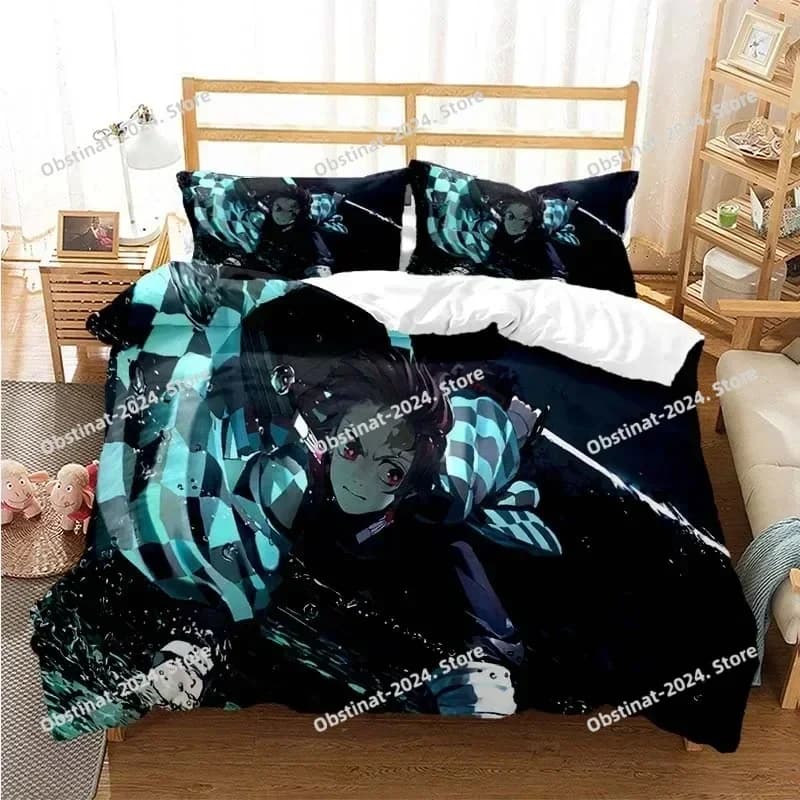 3D Anime Demon Slayer Set biancheria da letto Nezuko Tanjirou Stampato singolo Piumino Copripiumino Federa 3 pezzi Set Bambini Taglia adulto
