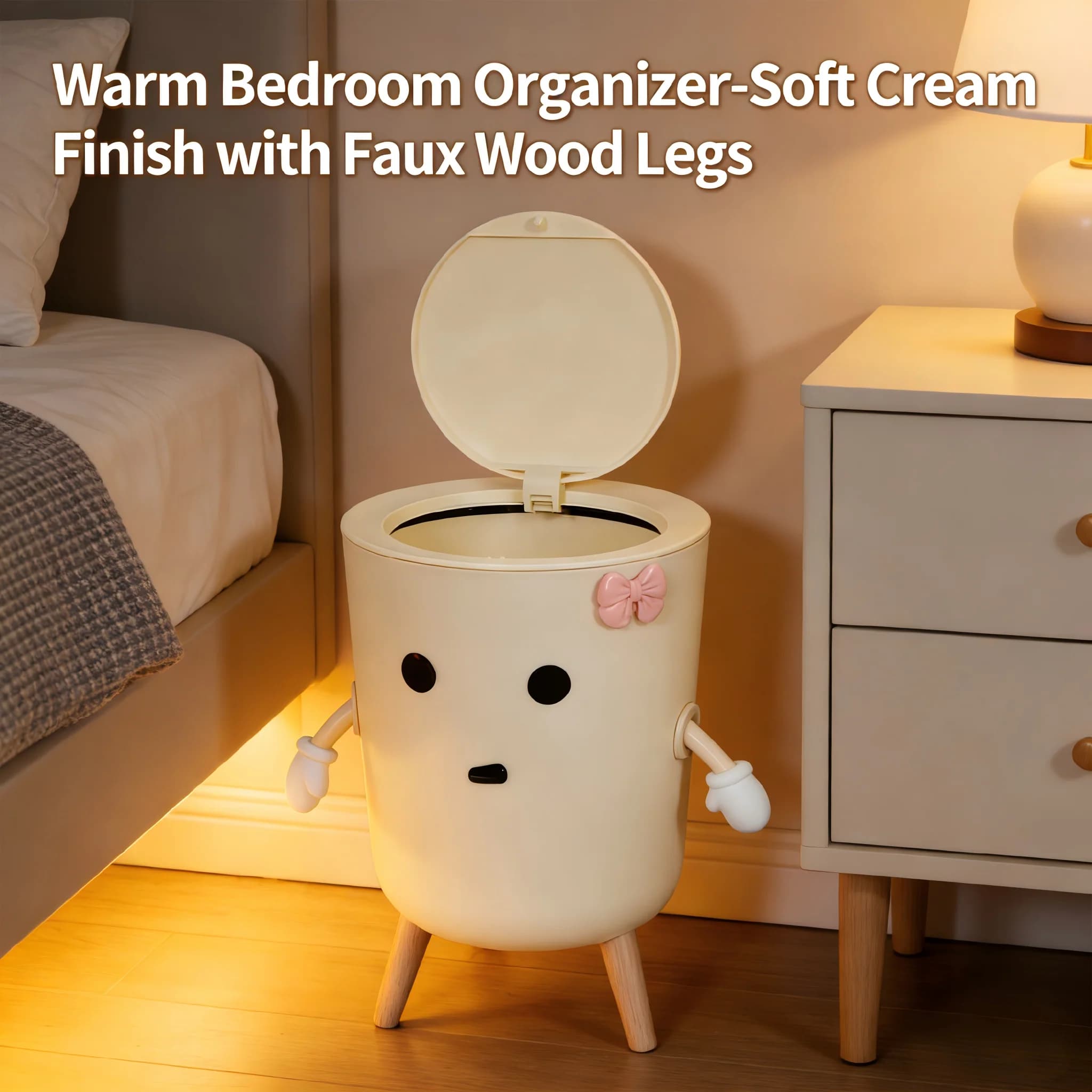 Cestino per Rifiuti con Coperchio a Scatto, Design Cartone Animato, Bianco Crema, Gambe in Finto Legno, Piccolo Contenitore Decorativo per B