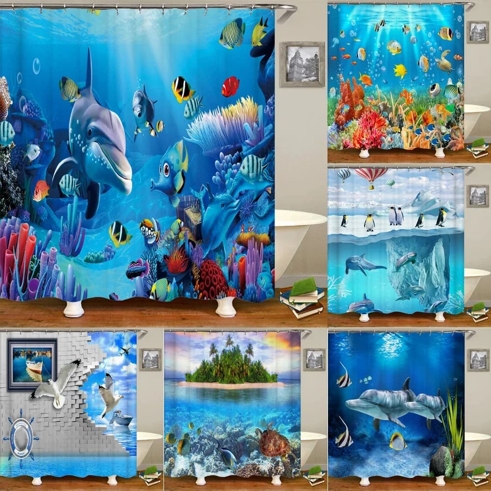 Mondo sottomarino Pesce Tartaruga 3d Tende da doccia Oceano Delfino Mare Paesaggio Tessuto Tenda da bagno impermeabile Schermo decorativo per il bagno