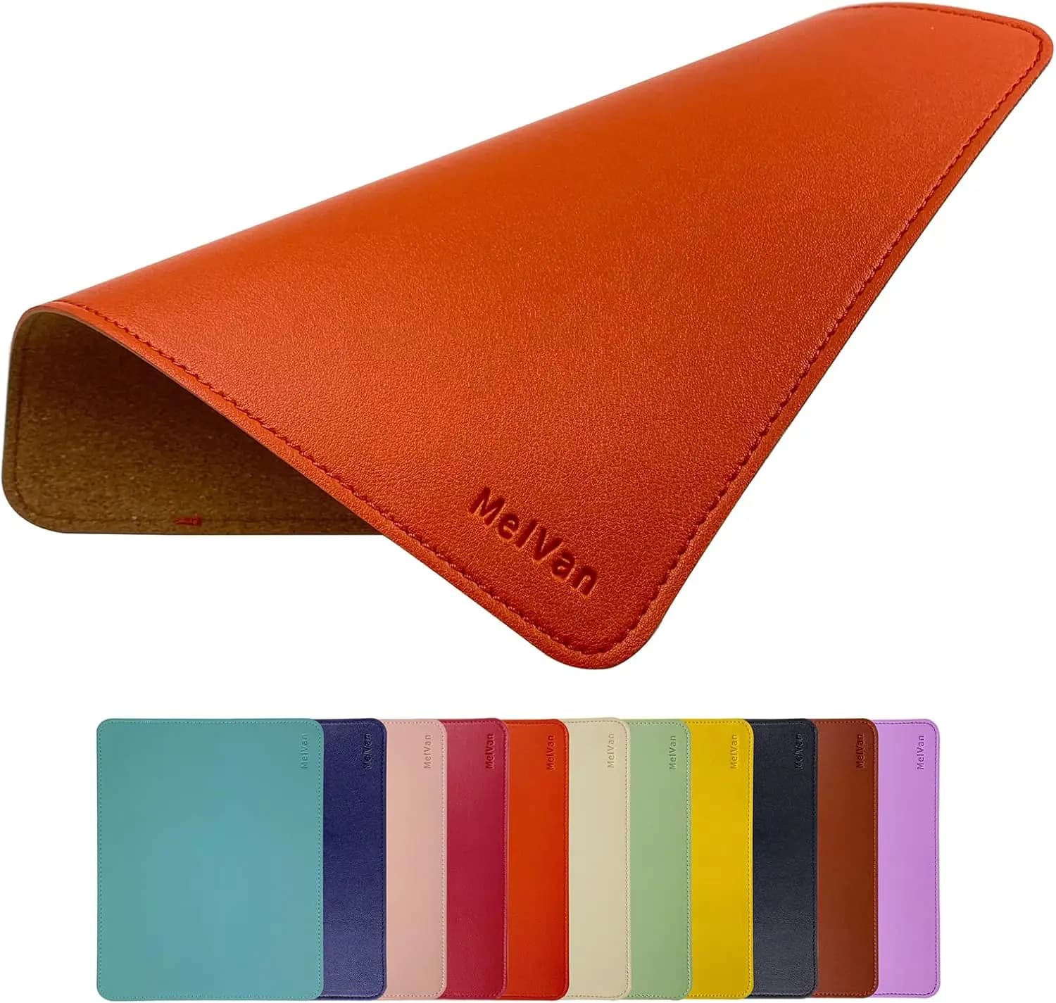 Tappetino per mouse in pelle PU e legno con bordo cucito, tappetino da gioco impermeabile per ufficio e casa, 10,2"x8,3", Arancione
