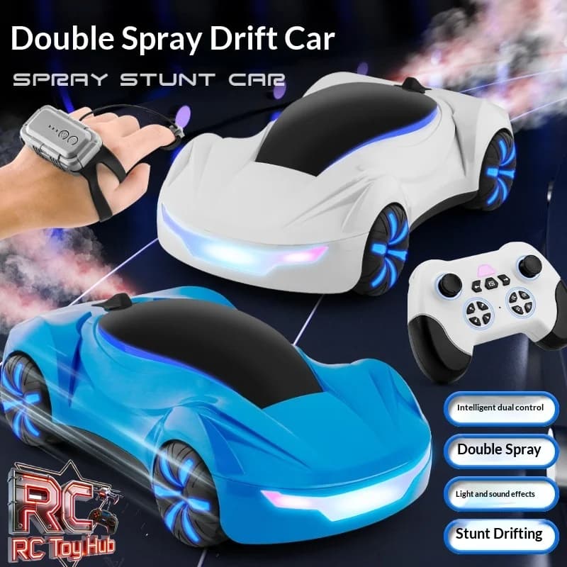 Auto Telecomandata Premium con Doppio Spray e Luci LED Dinamiche, Mini Auto Acrobatica da Corsa per Interni ed Esterni, Regalo di Compleanno per Ragazzi