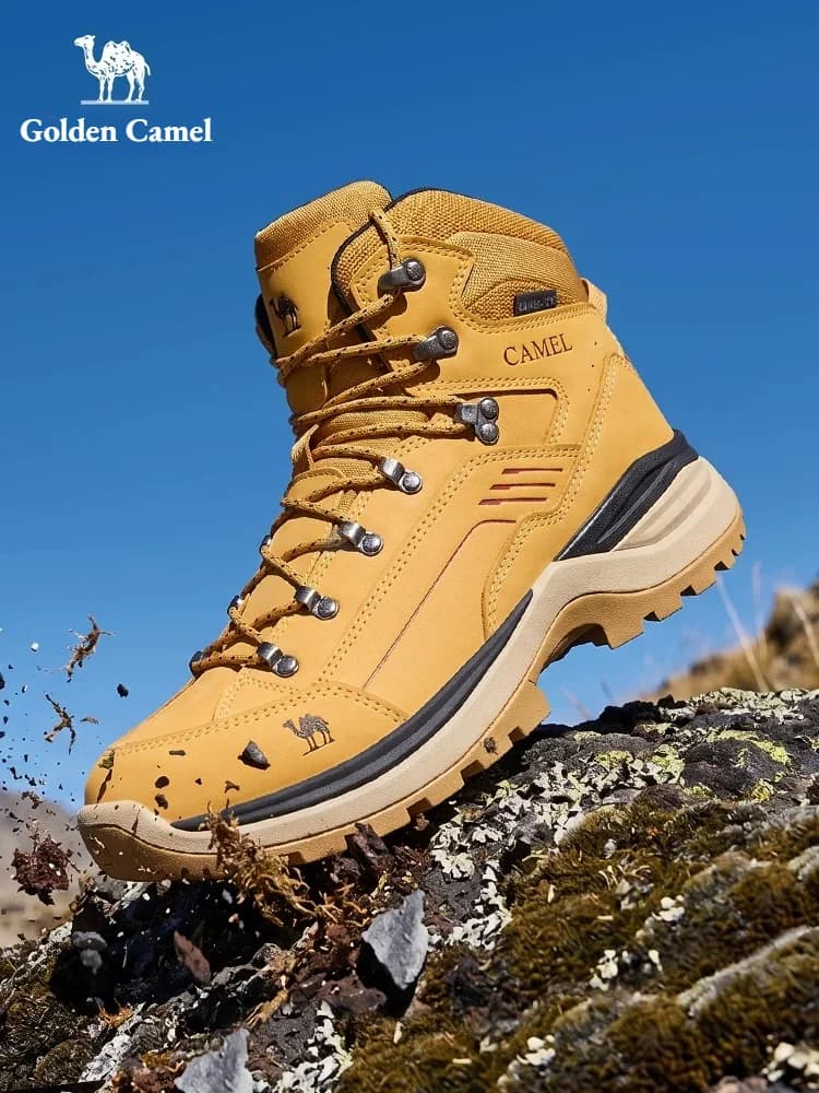 GOLDEN CAMEL Hiking Boots Leather Water-repellent High-Top Casual Shoes Men Women Velvet Warm Thick-Soled Height-Enhanced Hiking