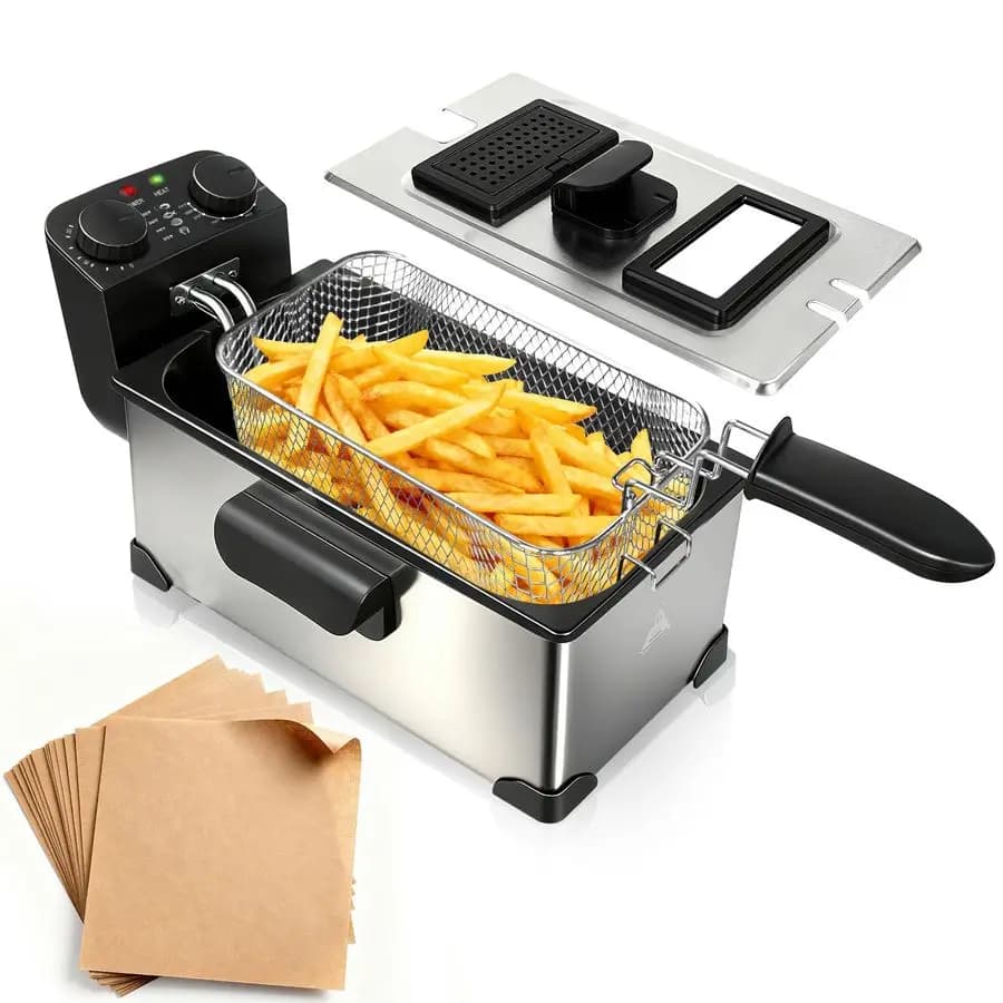 Friggitrice ad Immersione con Cestello, 1600W, 3L Piccola Friggitrice con Controllo Timer, Pentola per Friggere per Uso Domestico, Controllo della Temperatura, Li