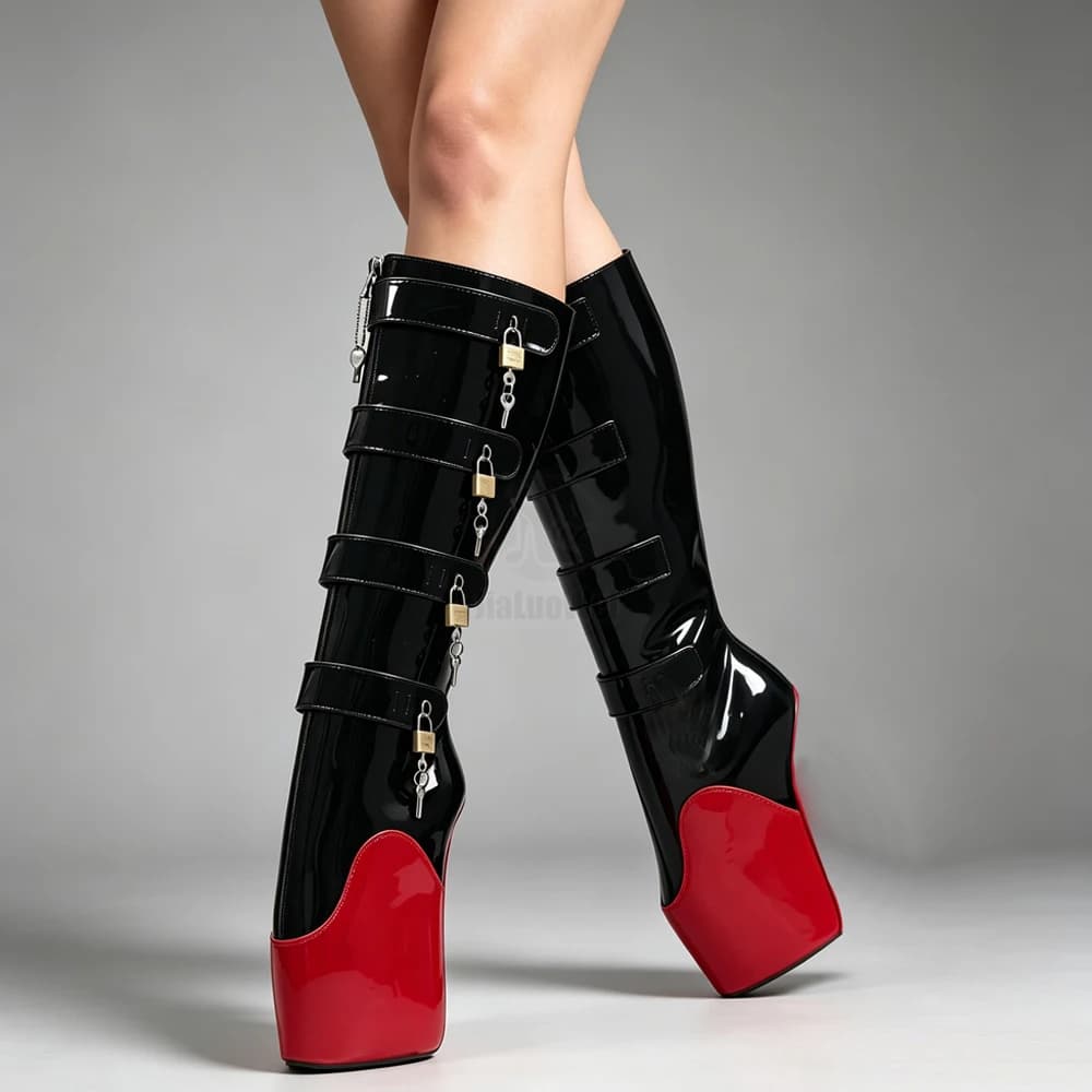 Jialuowei 2018 New 8 Keys Strange Wedge tacco alto Heelless Training lucchetti YKK Zipper bloccabile stivali da balletto al ginocchio Unisex