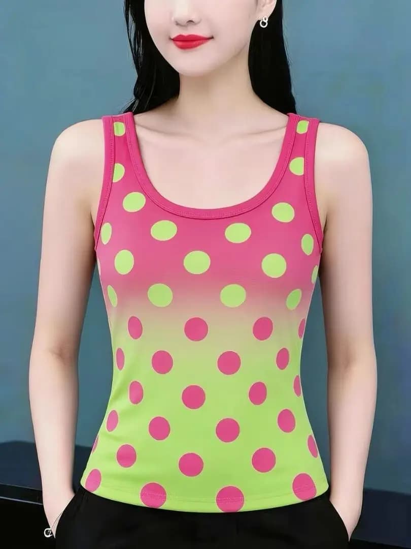 High-End Printed Short-Sleeve Women's Tank Top Summer Belly Concealment Sleeveless Vest Trendy round Neck Milk Silk Commute S...