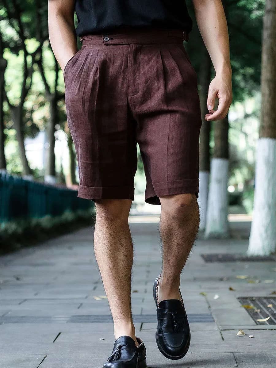 POT&CRAFTSMAN primavera ed estate pantaloncini casual italiani da cinque minuti pantaloni cinesi larghi da uomo in puro lino a vita alta con bottoni Parigi