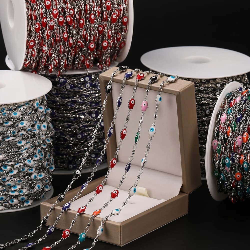 1 rotolo di catene in rame da 1 metro con ciondoli a forma di occhio del diavolo, catena colorata per collana con bracciale a catena in vita fai da te, catene per la creazione di gioielli
