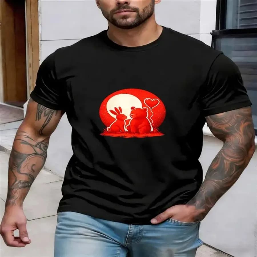 T-shirt da uomo Moonlight Bunny Bear con stampa di animali, cuore rosso e palloncini, motivo amicizia, stampa pura premium, resistente, casual, alla moda