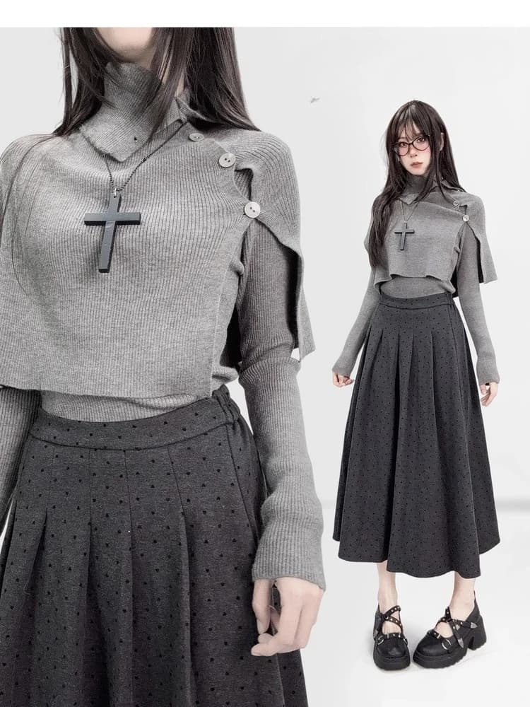 Maglione subcultura vintage casual da donna dolcevita a maniche lunghe pullover lavorato a maglia + scialle set da due pezzi Y2K abbigliamento Antumn