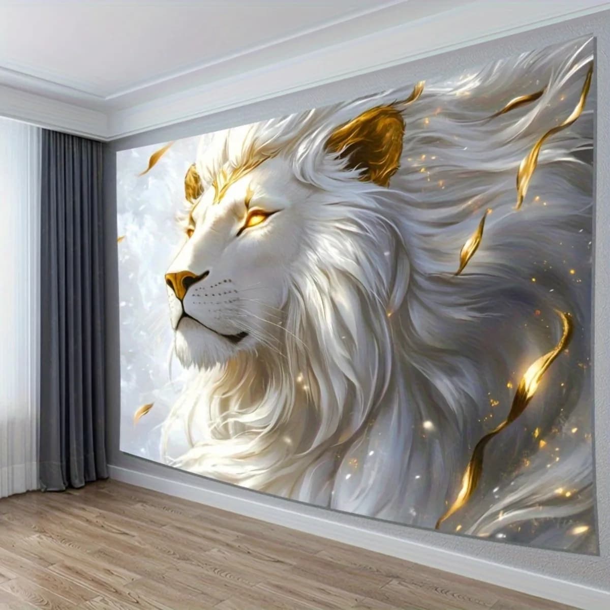 Majestic White Lion Tapestry Wall Hanging, Golden Accent Animal Print Tapestry, Boho Home Decor for Living Room Bedroom