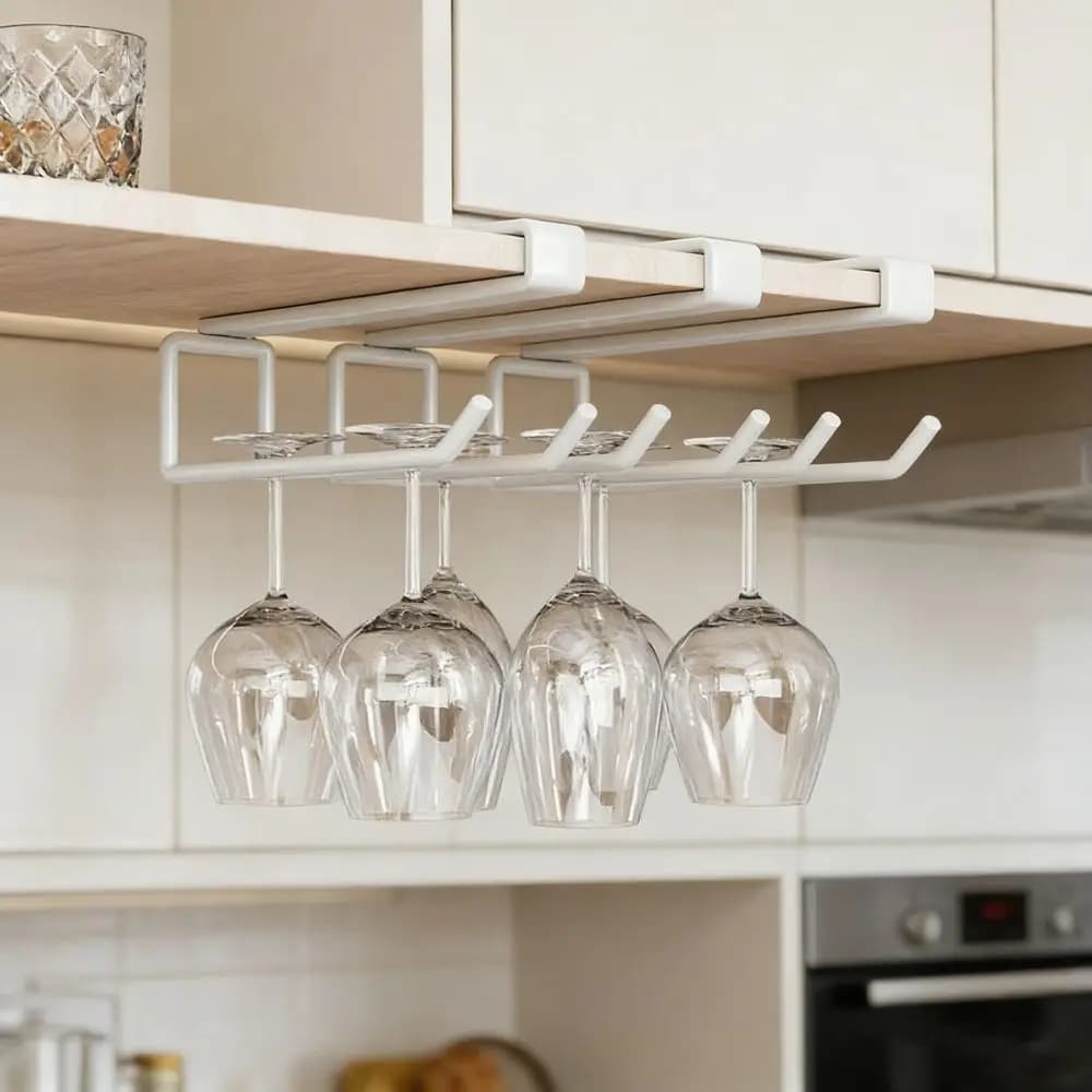 Portabicchieri da Parete in Ferro Sottopensile, Senza Foratura, Salvaspazio, per Bicchieri da Vino con Stelo Lungo, per Cucina