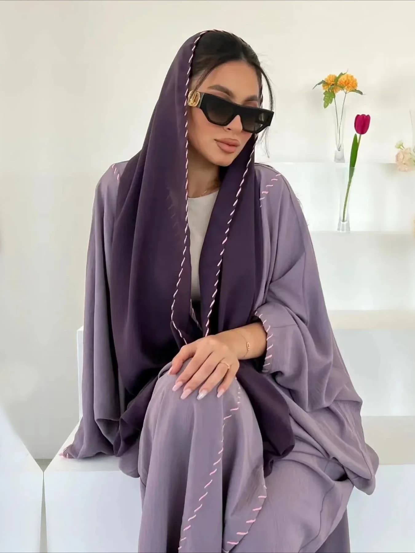 Donne musulmane Abaya con sciarpa Set da 2 pezzi Cardigan lungo Eid Abaya Casual Abito lungo Caftano Party Ramadan Caftano modesto 2024