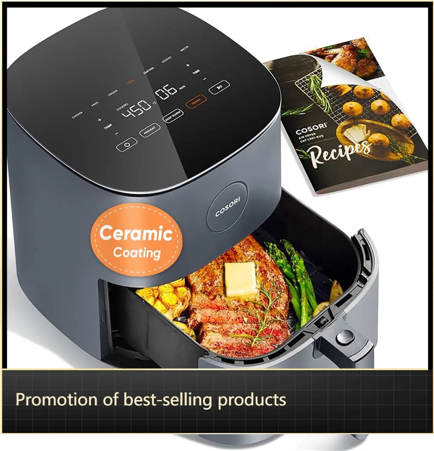 5QT Compact Air Fryer with Ceramic Coating, 7 Preset Programs, Preheating, Hot Maintenance, 450°F, Easy to Use and Clean, Scuotere Memo, Over 130 Recipes Available via App