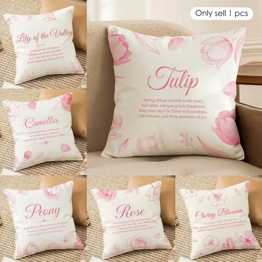 Peony Rose Cherry Blossoms Pink Flower Cushion Cover Square Pillow Bedroom Sofa Leisure Comfort Living Room Decoration 40X40