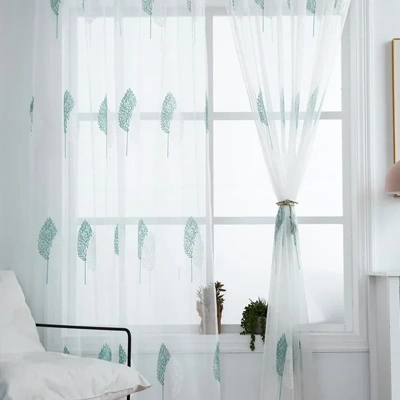 Tenda da ricamo in stile pastorale con doppie foglie blu e bianche, con foglie blu, tenda di garza ricamata, per soggiorno, camera da letto