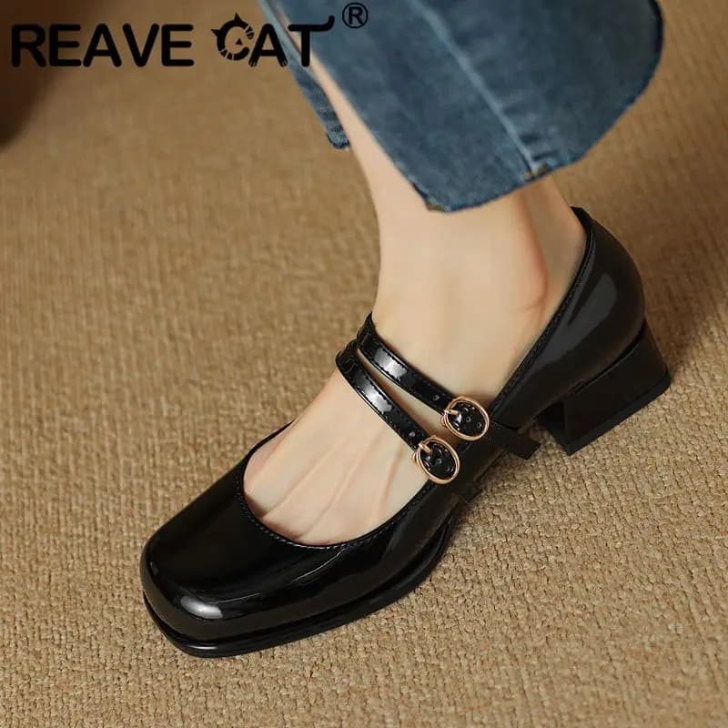 REAVE CAT Brand Janes Women Pumps Round Toe Block Heels 4.5cm Buckle Straps Big Size 43 Spring Dating Shallow Shoes