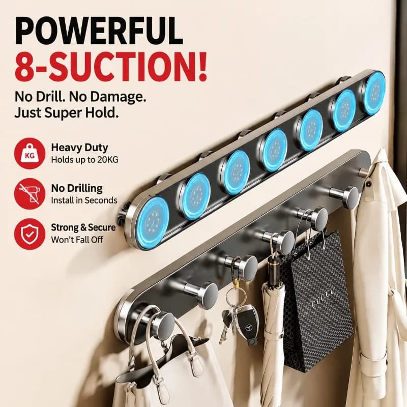 Suction‑Cup Behind‑Door Hooks Drill‑Free Wall‑Mount Hanger Heavy‑Bearing Organizer for Garment Handbag Storage on Entryway