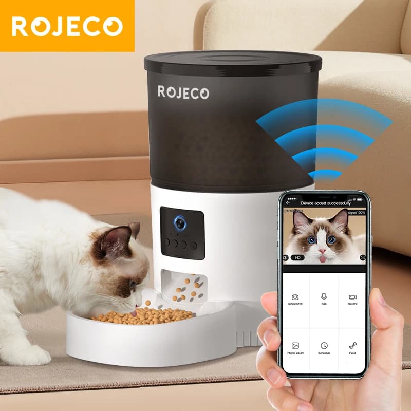 ROJECO Alimentatore automatico per gatti con videocamera Video Distributore di cibo per gatti Pet Registratore vocale intelligente Alimentatore automatico con telecomando per cani gatto