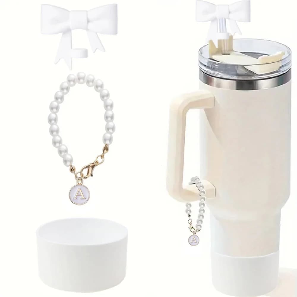 3pcs Sparkling Tumbler Accessory Set for Stanley - 10mm Bow Straw Topper, Initial Pearl Letter Charm, Glitter Silicone Boot