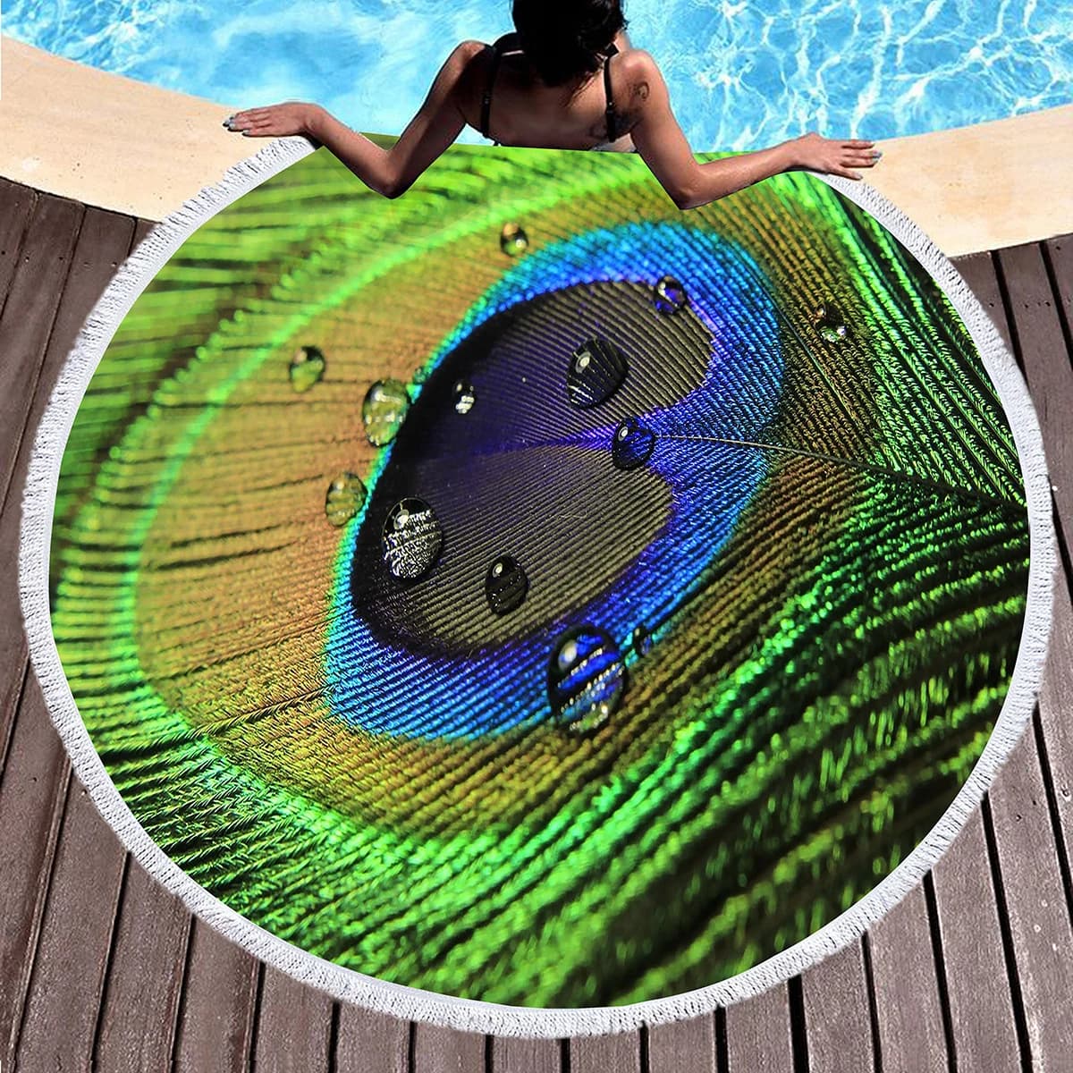 Telo Mare Rotondo con Piume di Pavone, Tappetino Yoga/Meditazione Rotondo Anti-Sabbia ad Asciugatura Rapida, Telo da Picnic, Tovaglia Circolare con Nappe