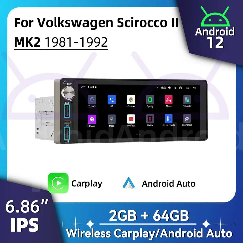 Carplay Autoradio Android Car Multimedia for VW Volkswagen Scirocco 2 II MK2 1981-1992 6.86" Screen 1 Din Radio Stereo Head Unit
