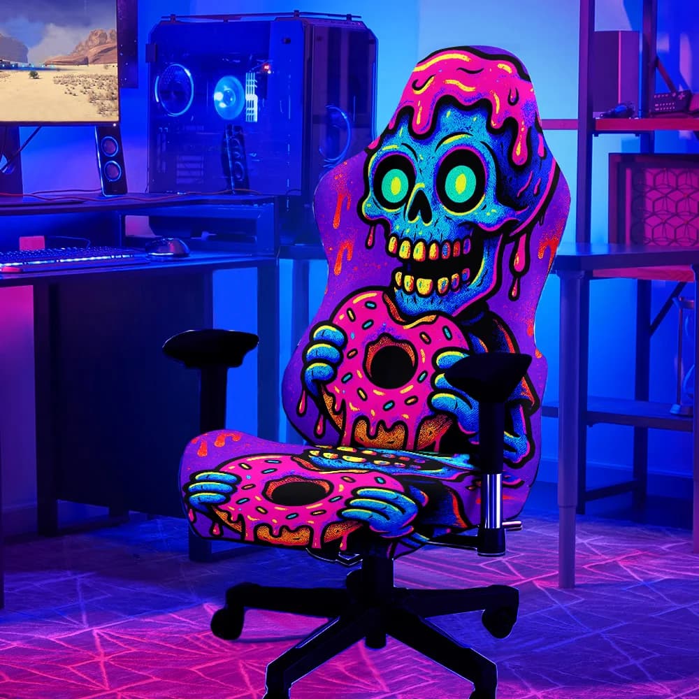 Set di Coprisedie da Gaming con Motivo Scheletro che Mangia Ciambelle, Reattivi ai Raggi UV, Luminosi, in Tessuto Elastico