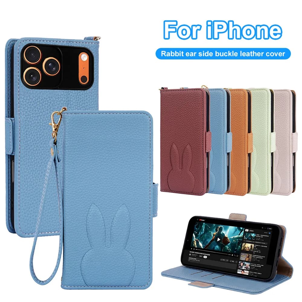 Cute Rabbit Ear Lychee Texture Flip Wallet Phone Case for Apple iPhone 17 16 15 14 13 12 Pro Max Air 11 with Card Slots Wrist