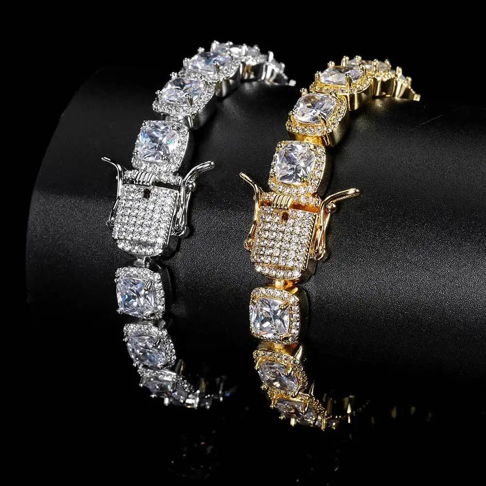 Braccialetto da Tennis ghiacciato Hip Hop di lusso quadrato da 10/12mm Bling CZ per gioielli da uomo