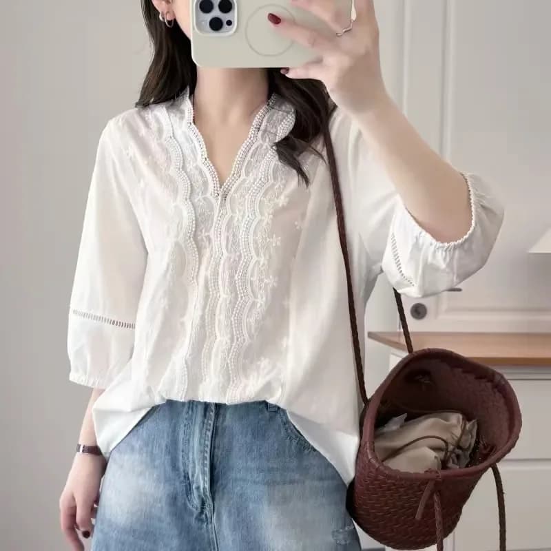Women Lace Embroidery V Neck Blouse 3/4 Puff Sleeve Loose Casual White Shirt Tops