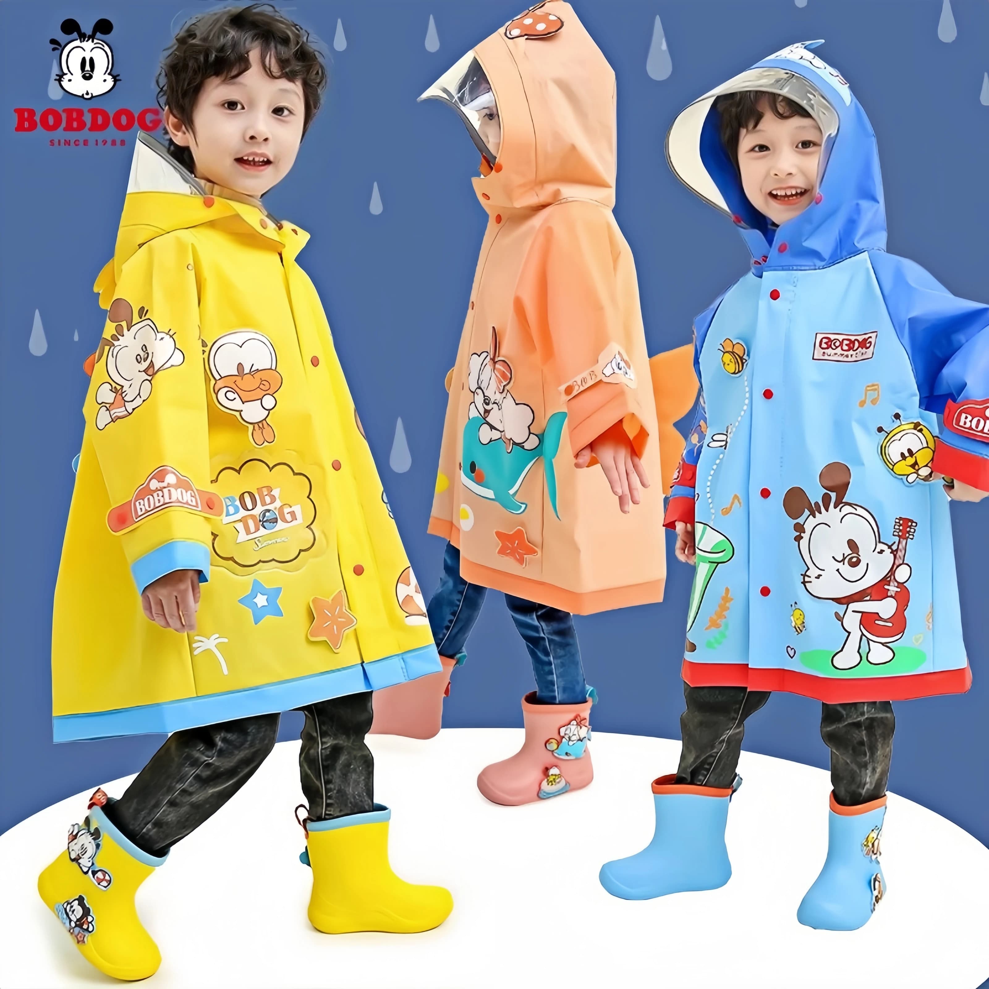 Impermeabile e stivali da pioggia originali Bobdog per bambini, impermeabili in stile preppy con scomparto per zaino, regalo di compleanno e Natale
