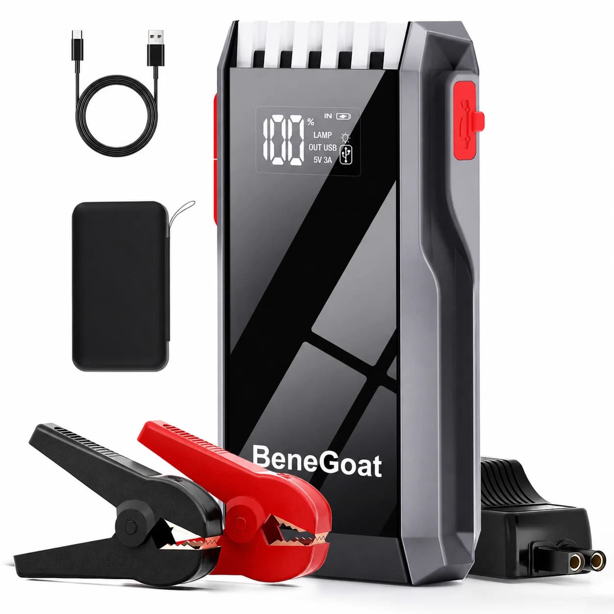 Avviatore di emergenza per auto LifeGOAT, compressore d'aria portatile con illuminazione, 4 in 1, avviatore per batterie auto con borsa in EVA