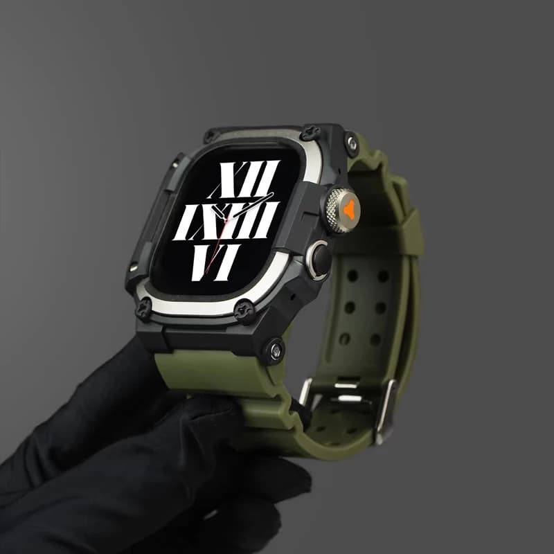 Fluoreated Rubber Strap + Case for Apple Watch Ultra 3 11 10 9 8 7 SE, Fall Resistant Metal Protective Cover for iWatch 44 45mm 46mm 49mm