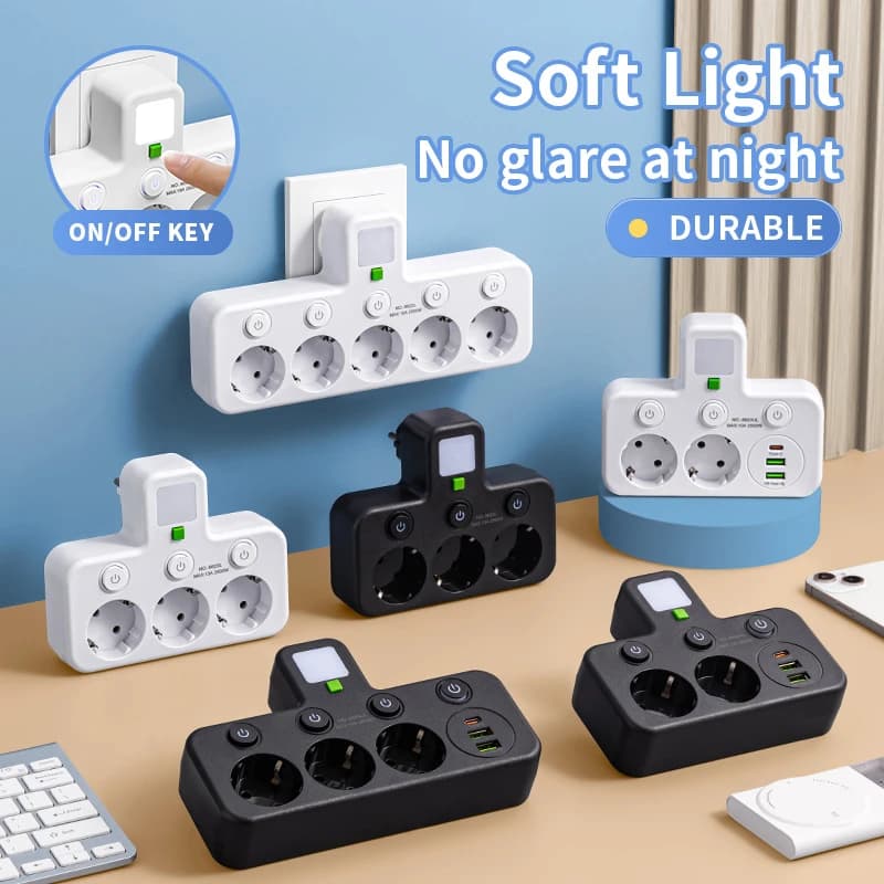 EU socket 4 sockets Multi-pla wall socket 2 USB ports 1 type C No extension cable with power supply MAX 2500 W