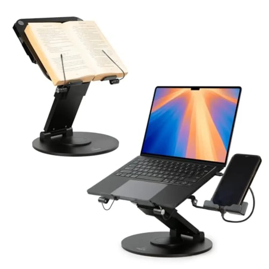 Supporto per Laptop 3-in-1 Regolabile, Supporto per Libri e Porta Telefono - 360° ° Supporto Girevole per Tutti i Laptop - Altezza 21 Pollici per Posizione Ergonomica