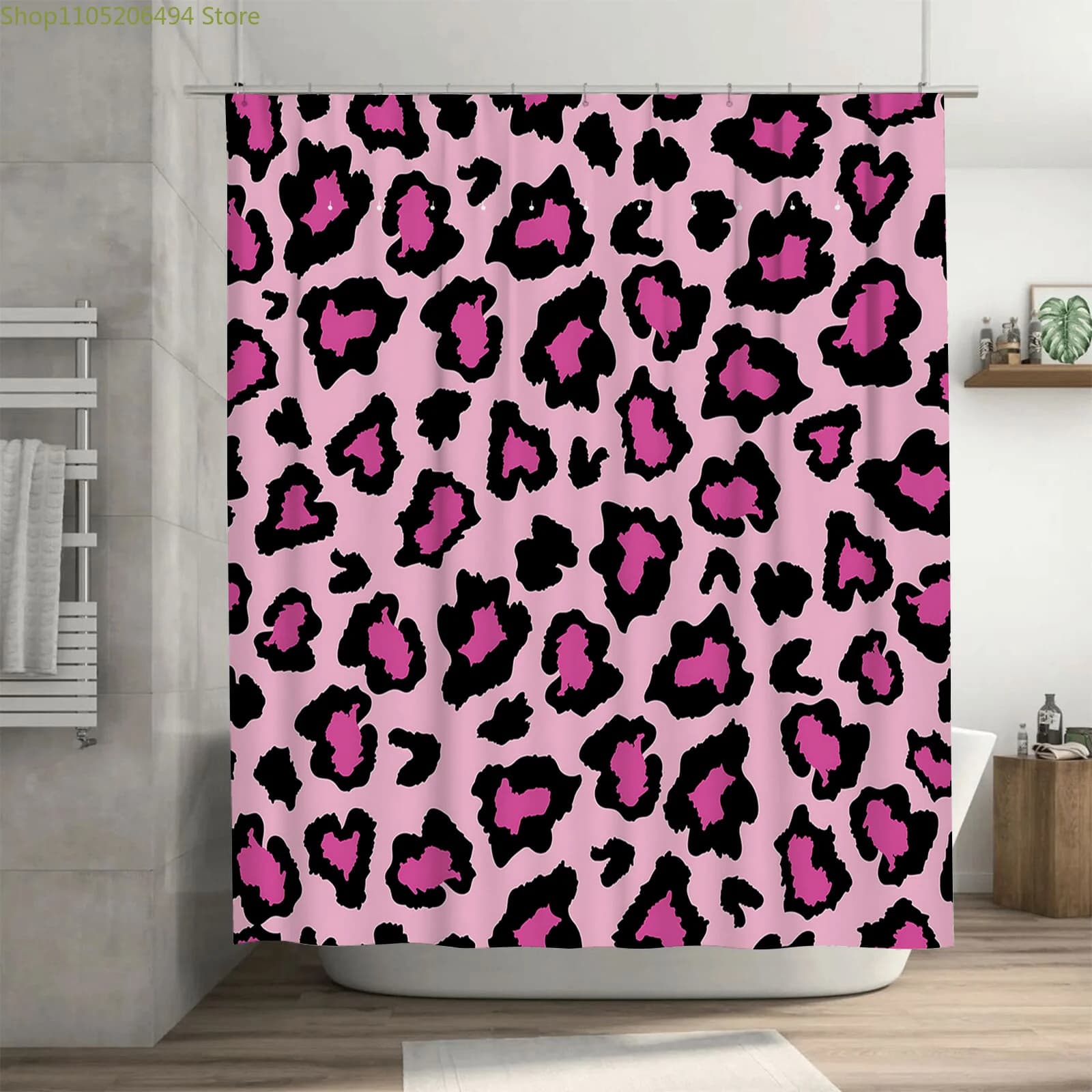 Tenda da doccia con stampa leopardata per l'arredamento del bagno, modello rosa e nero, impermeabile, durevole, adatta per la separazione bagnata e asciutta