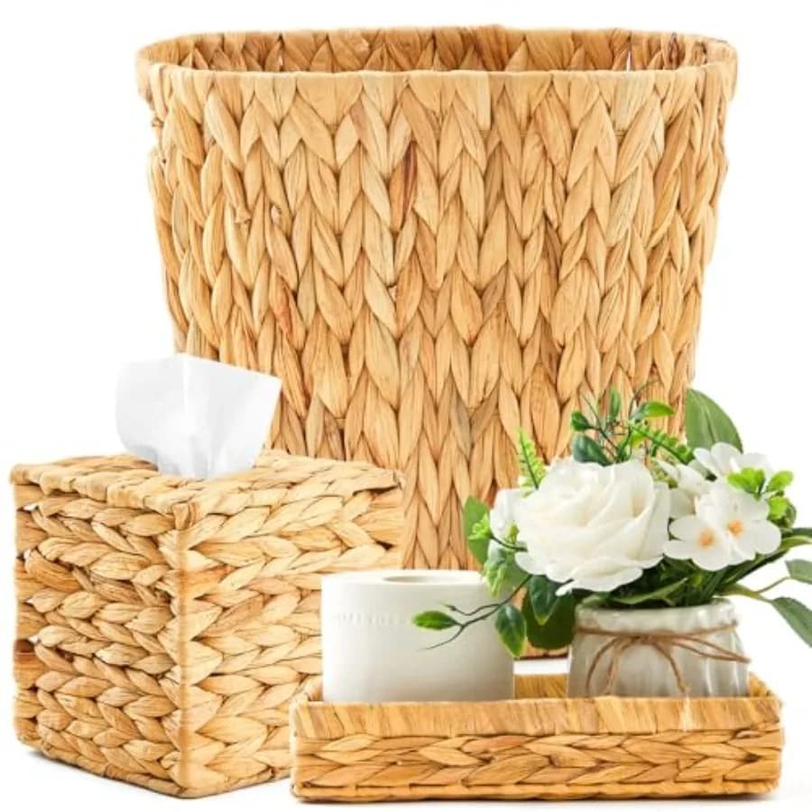Set di 3 Cestini in Vimini per Bagno, Cestino per Rifiuti, Vassoio in Rattan, Porta Fazzoletti Quadrato, Set di Accessori per Bagno