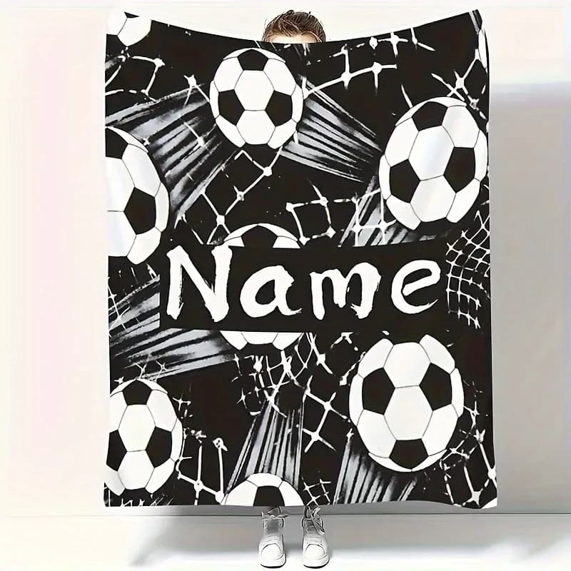 1pc Text Customized Creative Football Printed Flannel Blanket, Christmas Gift for Grandchildren and Sons