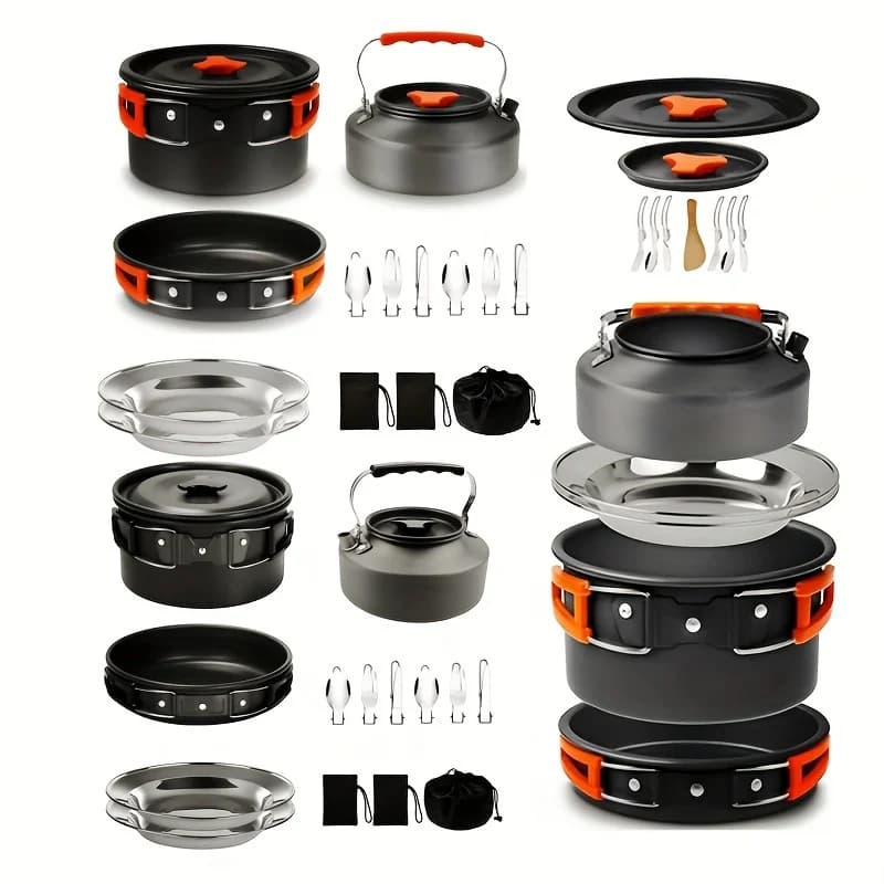 Kettle Set Pot for 2-3 People Camping Pot and Frying Pan Outdoor Camping Cookware Portable Combination Pot Set Camping Tableware, Easy to Carry and Space-saving, Cookware, Frying Pan, Kettle, Two Sets of Cutlery, Foldable Storage
