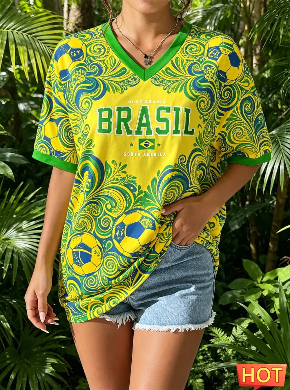 Nuova T-shirt Brasiliana Estiva da Donna con Scollo a V, Maglia da Calcio Brasiliana Gialla Sfumata, Top ad Asciugatura Rapida