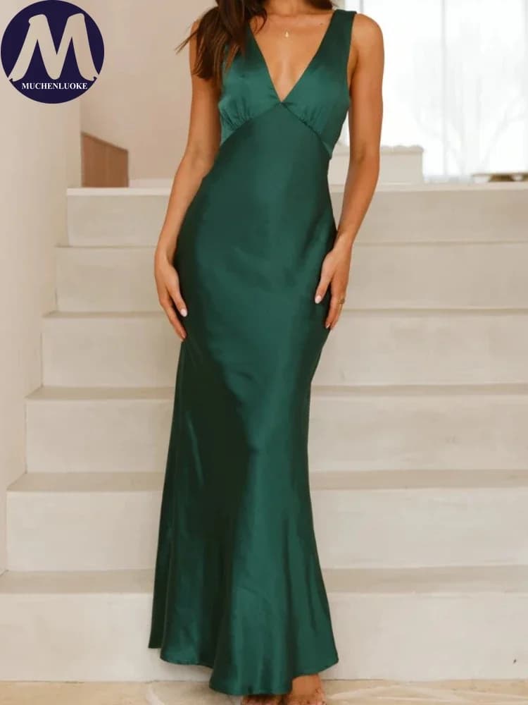 Elegant Women's Sleeveless V Neck Strap Dress Slim Fit Backless Party Evening Gown for Summer Fashionable Sexy New Arrival