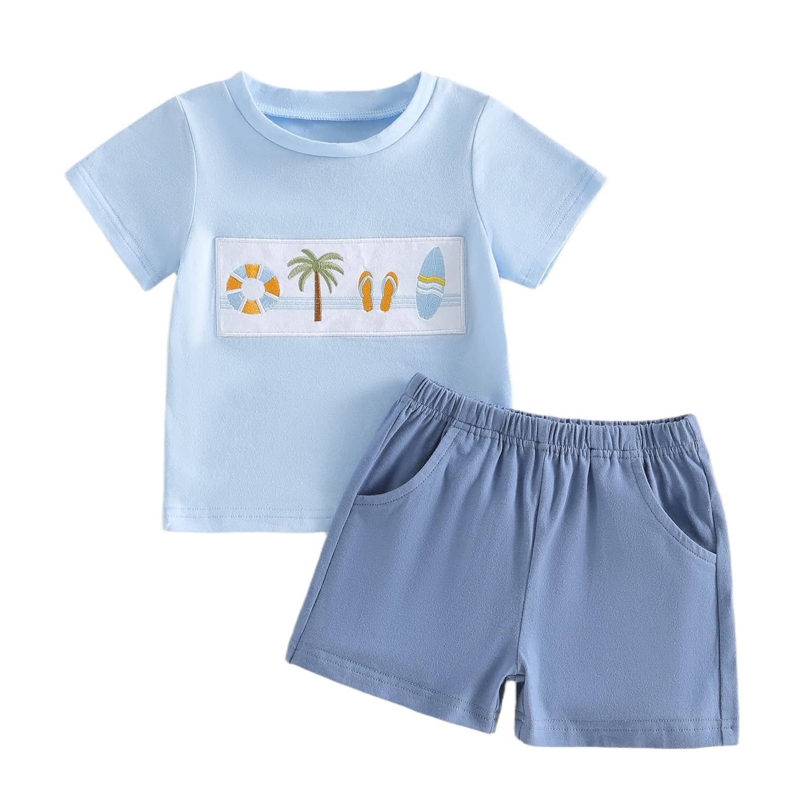 Completo estivo per neonati e bambini, grazioso top a maniche corte con ricamo a forma di albero di cocco e pantaloncini, set da 2 pezzi
