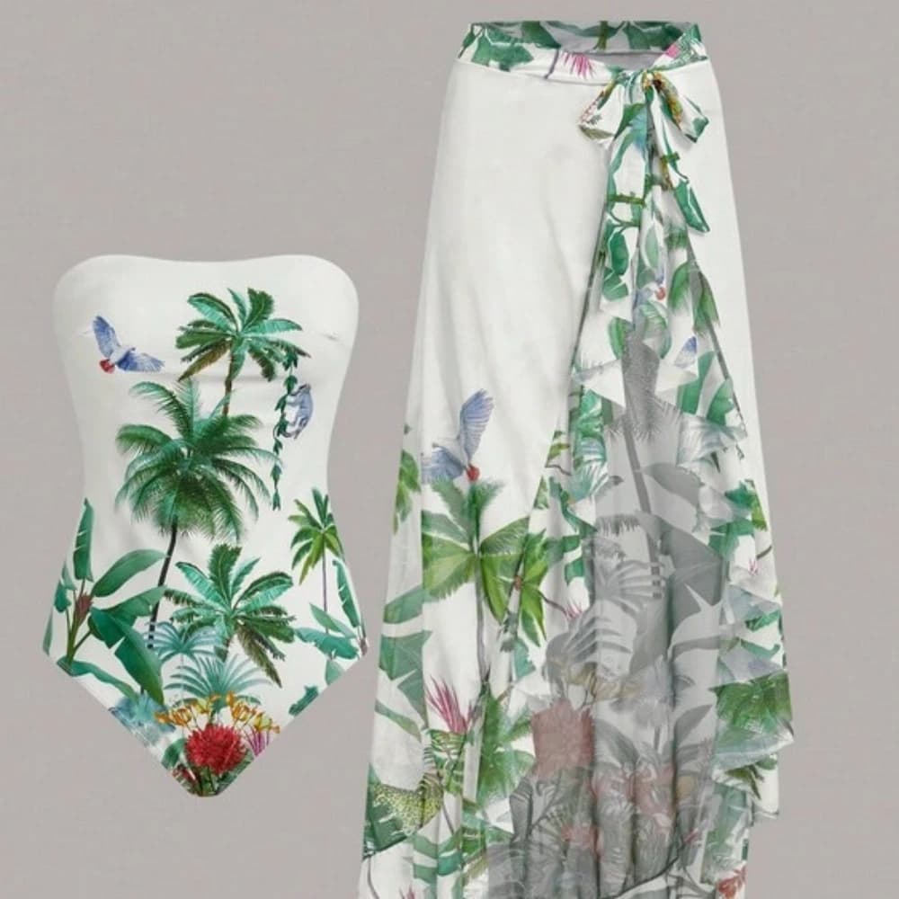 Women 2‑Piece Swimsuit Set Print Strapless Bodysuit With Wrap Long Skirt Cover‑Up Beach Bathing Suit For Brazil Summer Vacation