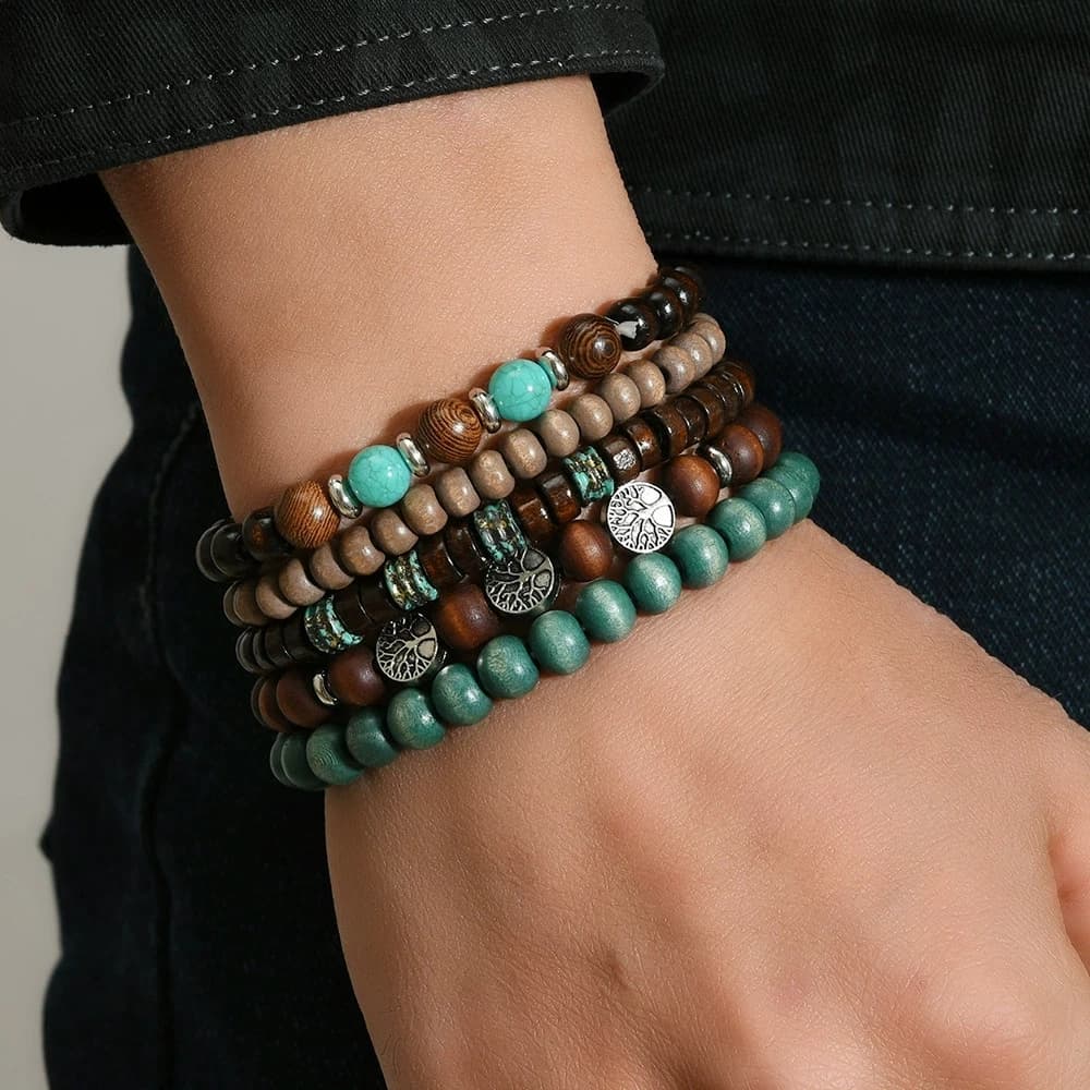 Vintage Multi - Layer Wooden Beads Bracelet Set with Tree of Life Charms for Men RJ346