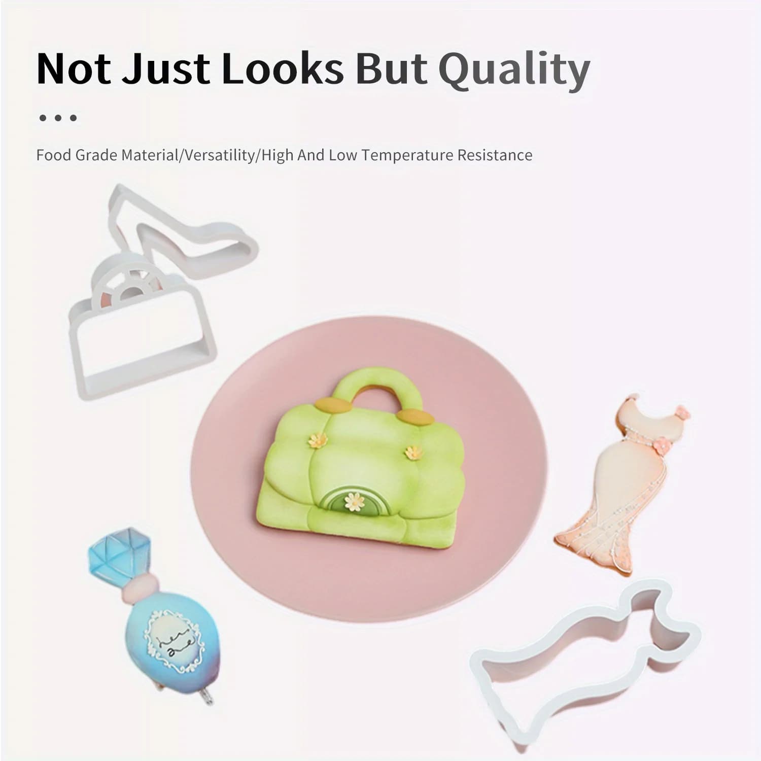 4 pezzi, formine per biscotti Lady Stuff, borsa per abiti, taglierina per pasticceria per scarpe con tacco alto, stampi per biscotti per roba donna