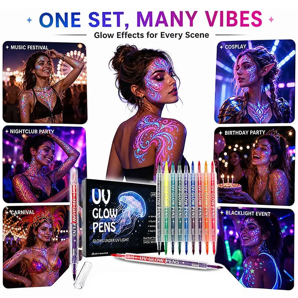 6/9pcs Dual‑Tip UV Glow Pens Set Neon Blacklight Markers for Skin Art, Drawing & Crafts Neon UV Fluorescent Acrylic Paint Pens