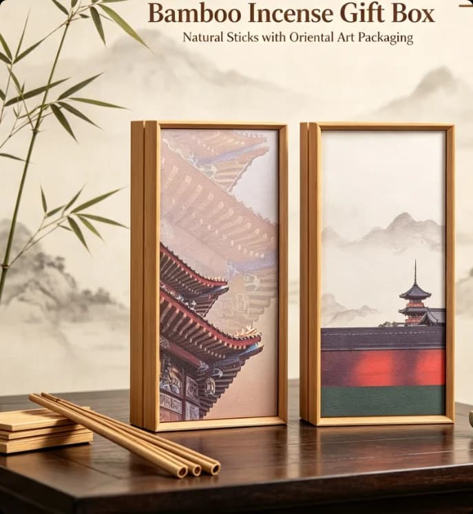 Natural Bamboo Incense Gift Box, Chinese Vintage Temple Painting Lid Empty Box, Incense Tube Storage Gift Packaging Box