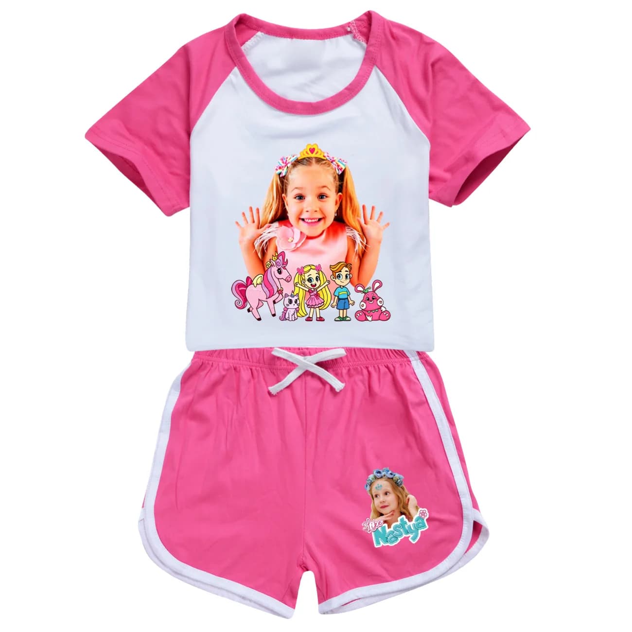 Nuovo Set Sportivo Estivo per Bambine Stile Nastya, Abbigliamento Kawaii con Maglietta a Maniche Corte e Pantaloncini